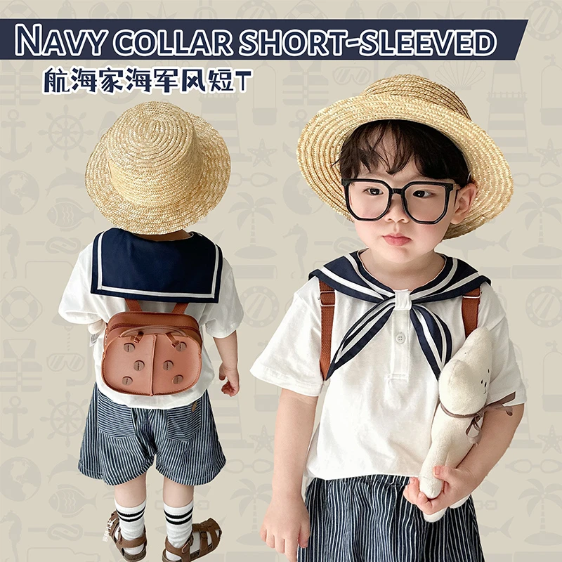 【航海家】夏季新款儿童海军风短袖T恤男童翻领撞色宽松半袖