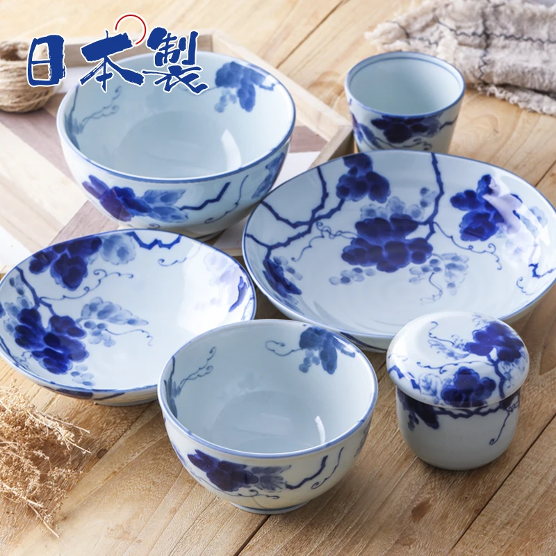 日本进口美浓烧陶瓷碗碟盘子果盘深钵茶杯面汤碗饭碗蓝染葡萄餐具