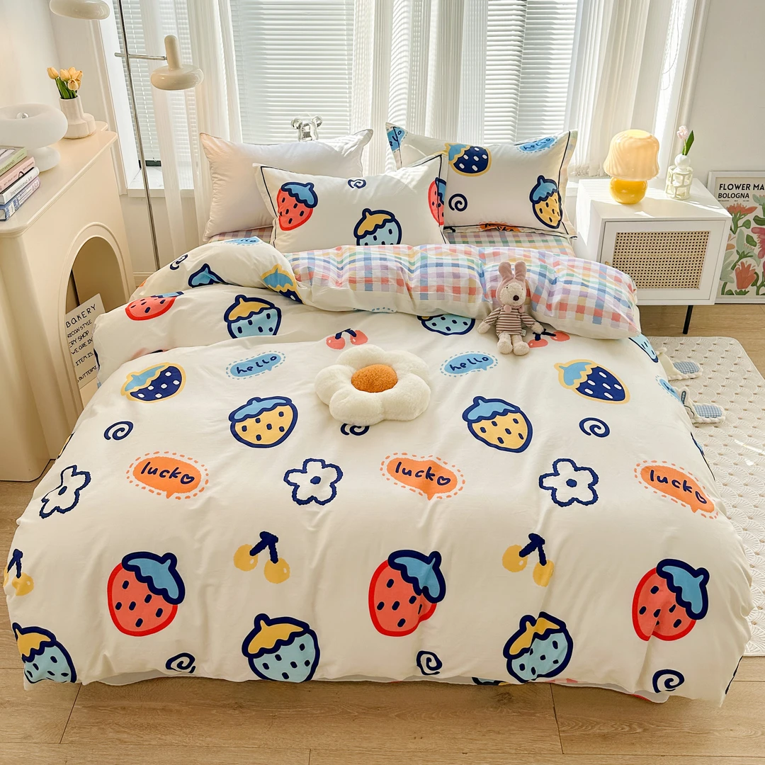 桃子 草莓奶昔全棉【三件套四件套】小清新可爱印花双面设计师韩版