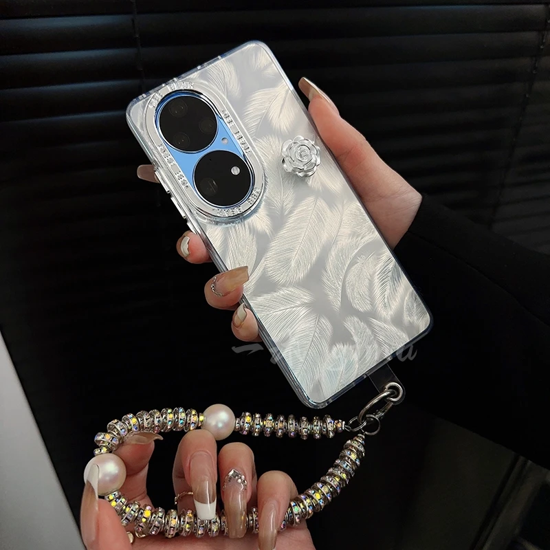 适用华为p50pro手机壳新款p50套轻奢电镀羽纱山茶花高级手链女款p