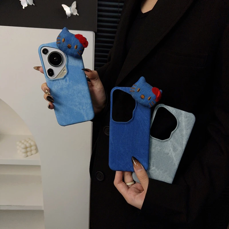 适用华为pura70ultra手机壳新款p70套p70pro复古牛仔蓝KT猫咪女款