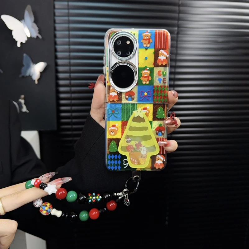 适用华为p50pocket手机壳新款pocket2套pockets流沙圣诞树小熊女p