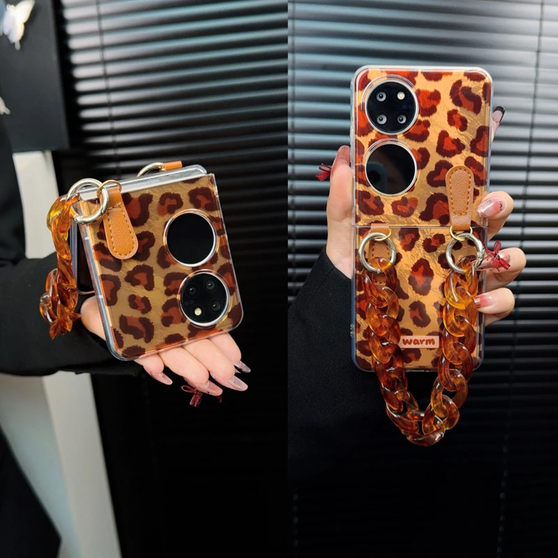 适用华为p50pocket手机壳新款pocket2套pockets复古豹纹ins手链女