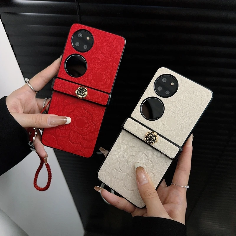 适用华为p50pocket手机壳新款pockets套pocket2皮质山茶花purax女