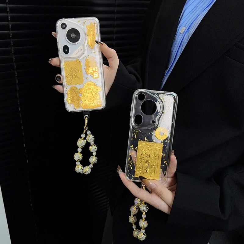 适用华为pura70ultra手机壳新款p70套p70pro简约金箔滴胶财神爷女