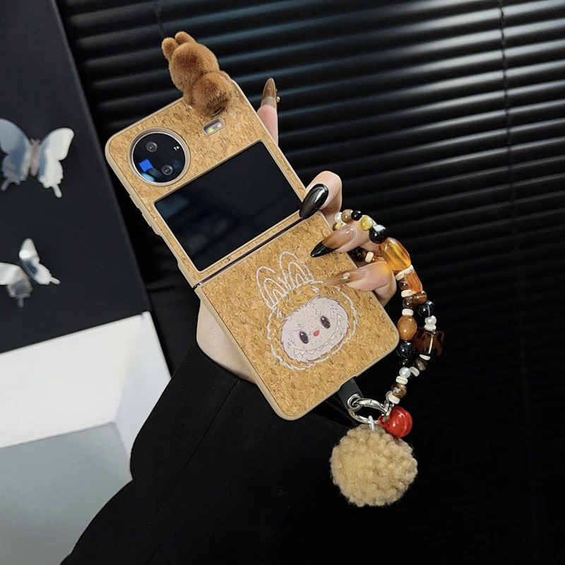 适用vivoxflip手机壳新款xflip套vivo木纹卡通可爱毛绒拉布布女款