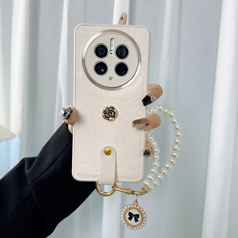 适用华为mate50pro手机壳新款mate50套mate50e山茶花高级女带挂绳