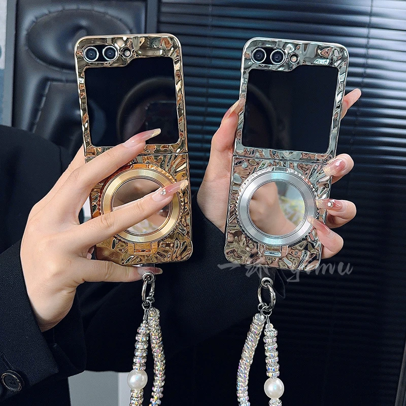 适用三星zflip5手机壳新款galaxyzflip5套褶皱镜子ins支架潮女款
