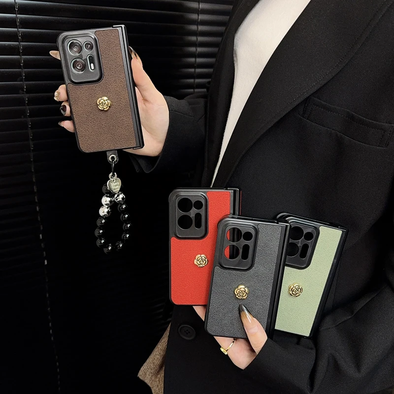 适用oppofindn2手机壳新款findn2套oppo复古月坑纹山茶花女款手链