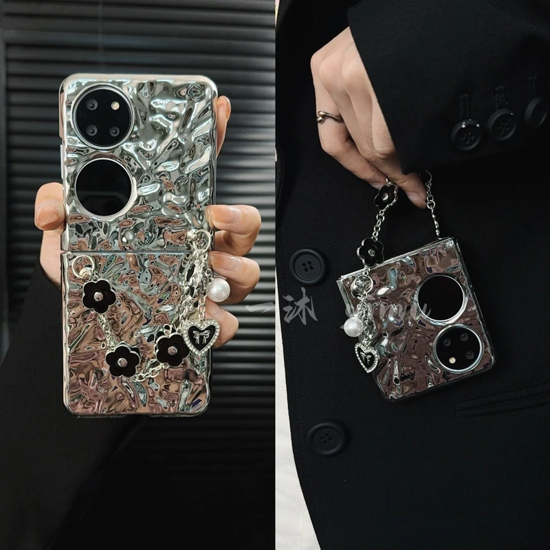 适用华为p50pocket手机壳新款pockets套pocket2褶皱黑花链条女款p