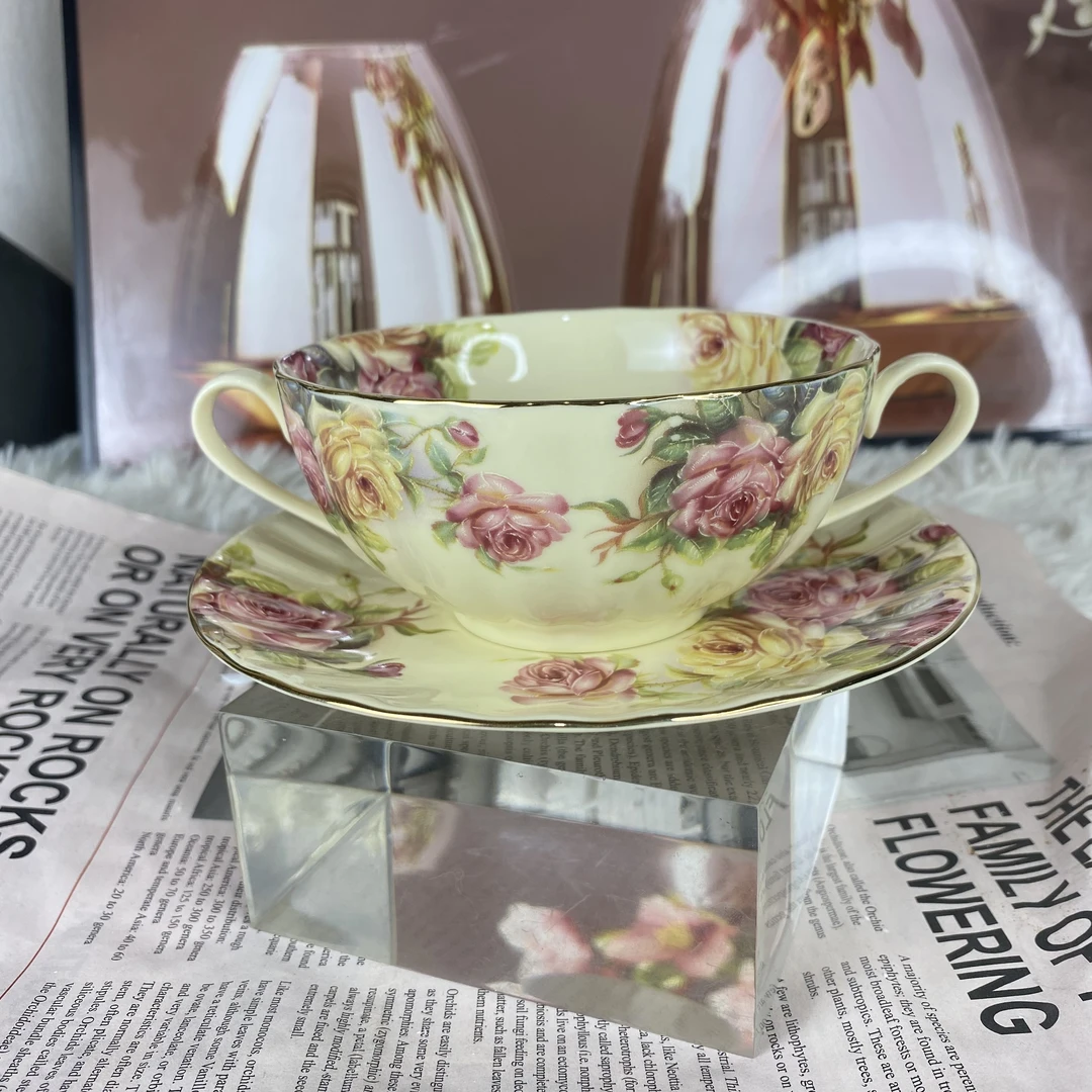 【沐梓】陶瓷欧式象牙黄老镇玫瑰描金满花甜品碗小吃碟