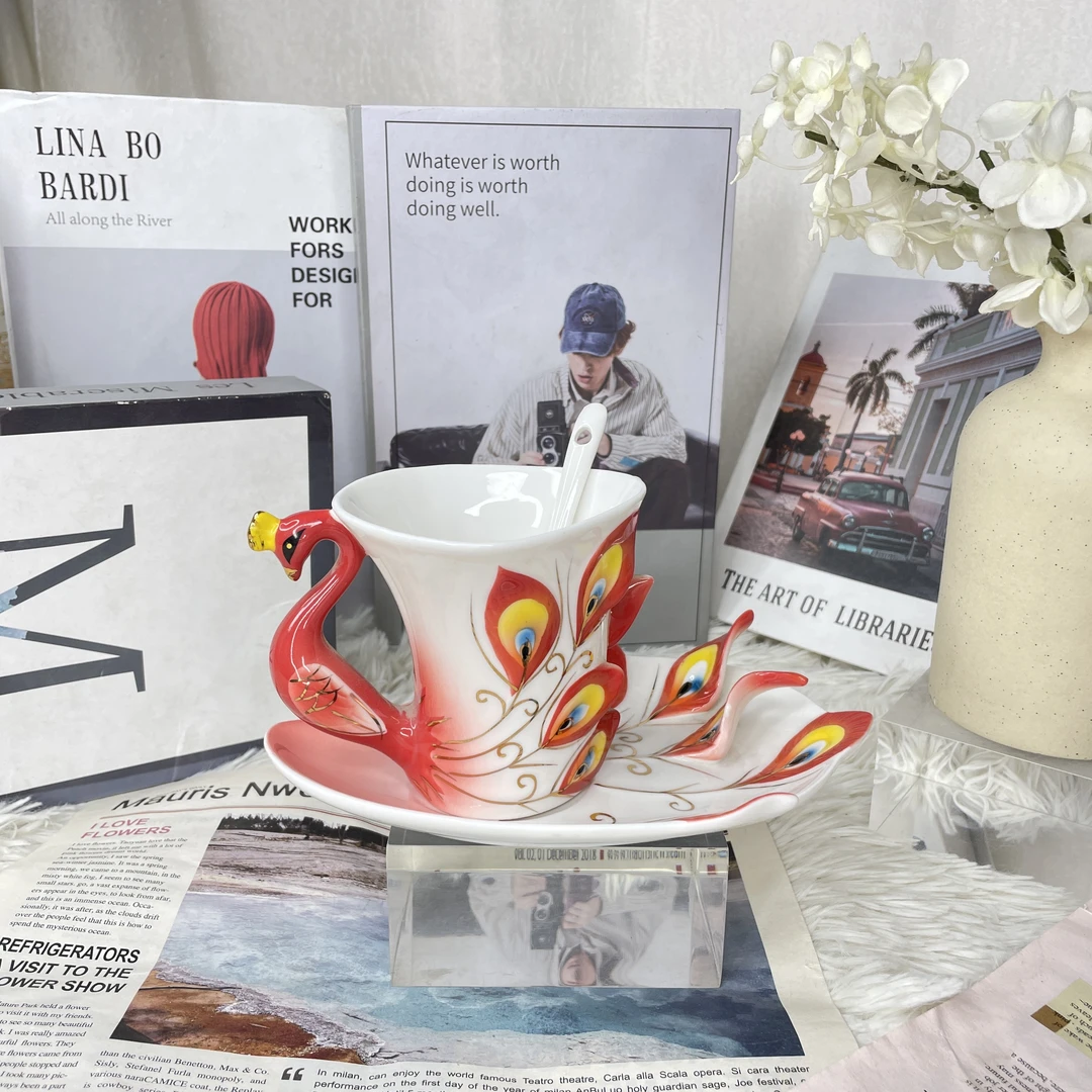 陶瓷中式珐琅瓷描金红孔雀咖啡杯碟精致实用创意