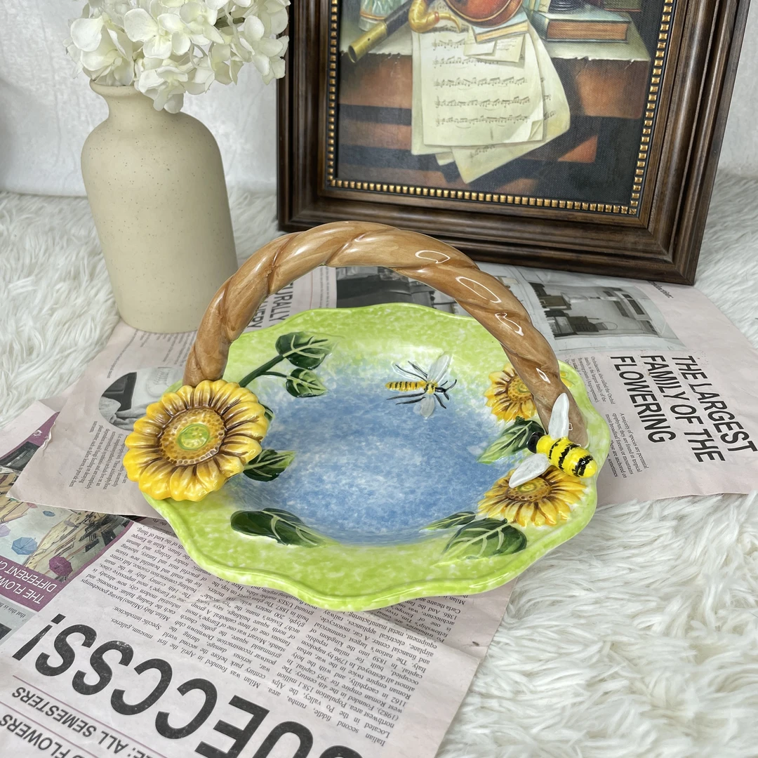 陶瓷中式创意个性浮雕手工手绘向日葵蜜蜂果篮