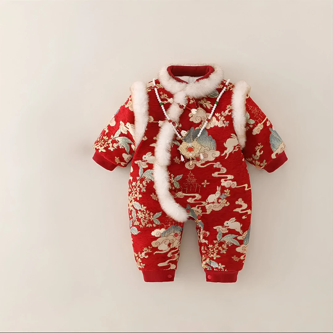 婴儿拜年服连体衣中国风加绒夹棉满月连体衣宝宝百天周岁喜庆礼服