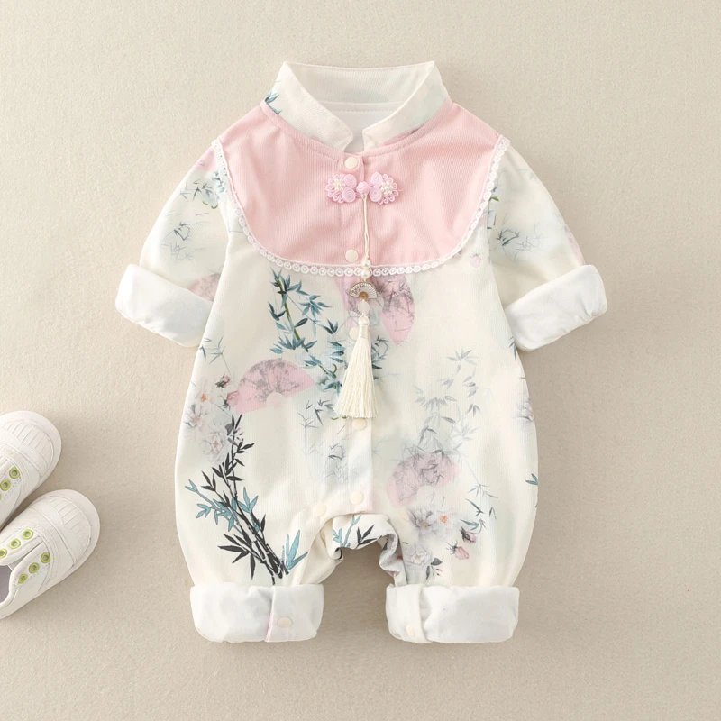 婴儿衣服春季连体衣女宝宝中国风旗袍公主哈衣新生儿满月百天礼服