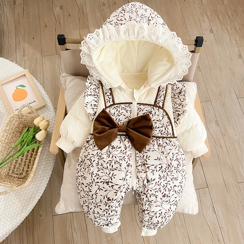 婴儿厚棉衣加绒连体衣90鸭绒外出服韩版卡通连帽羽绒服冬季保暖服