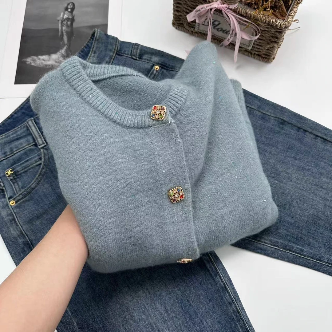 【蓝月光】冬季新款500克！高克重！奶油蓝小金方扣细闪针织衫Y5298蓝
