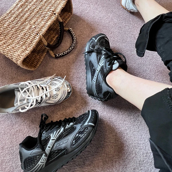 陈橙手工女鞋王一博同款休闲银色运动鞋透气网面厚底防滑老爹鞋女