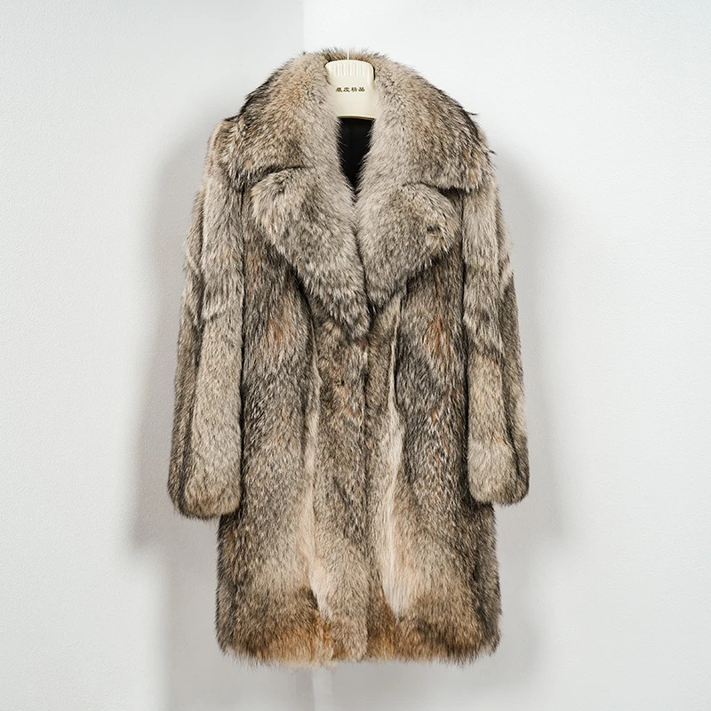 2024长毛男士皮草100cm中长款西装领大衣休闲男款