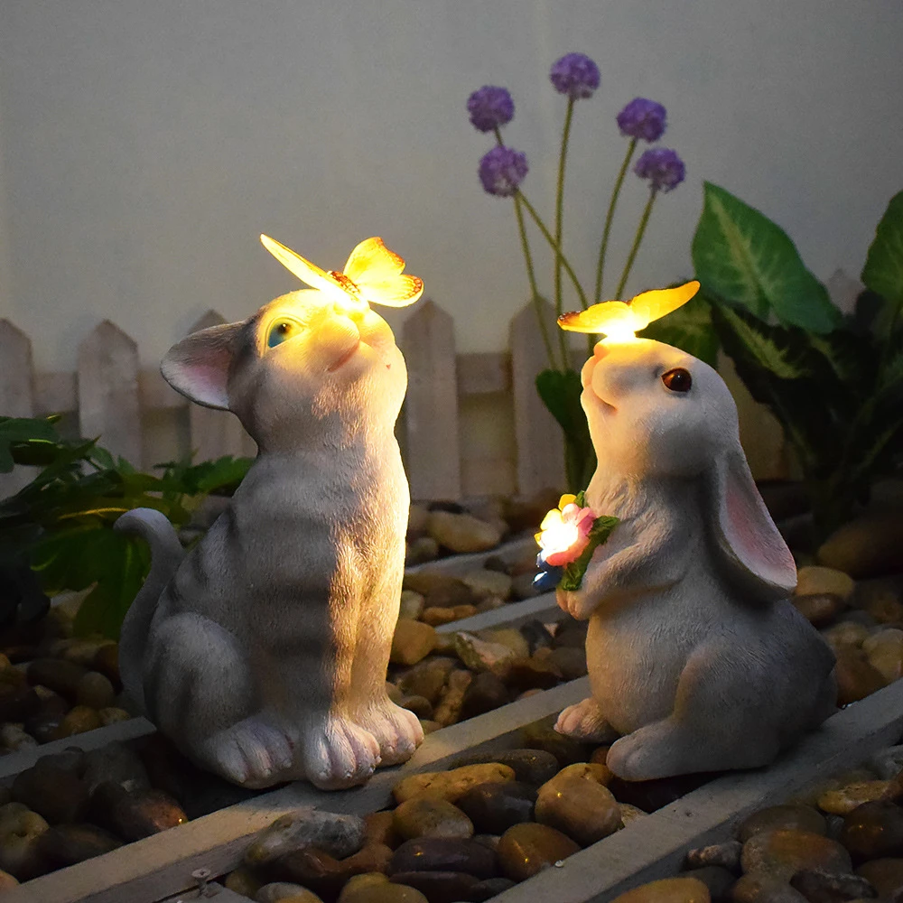 太阳能花园户外发光猫咪蝴蝶造型创意雕塑树脂摆件庭院景观装饰灯