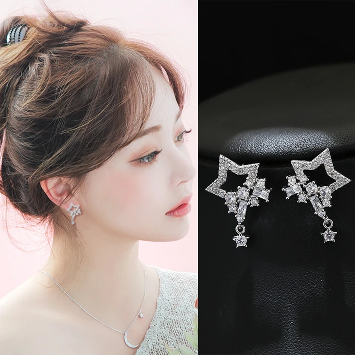 合金耳饰 韩国个性气质耳钉女简约锆石五角星星耳环甜美百搭耳饰