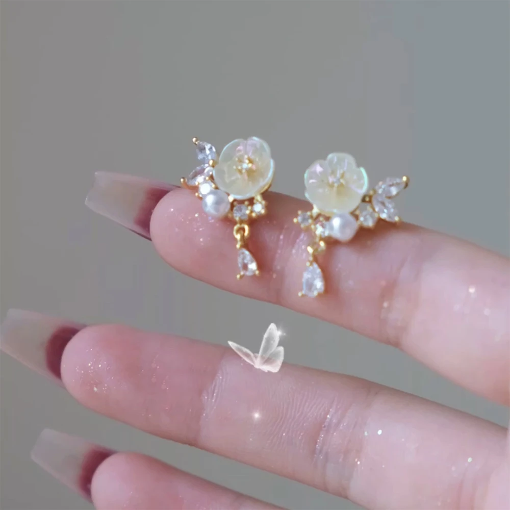 合金耳饰 「月下枝头」玉兰花法式轻奢锆石花朵超仙耳环仙气古风