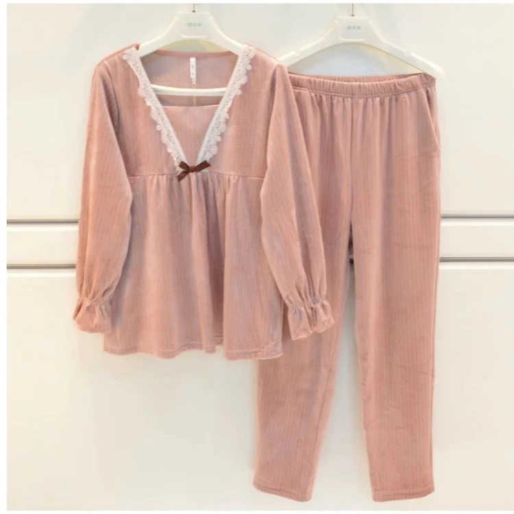 季风家睡衣秋冬女士3D恒温绒条纹薄绒甜美公主风保暖时尚女家居服