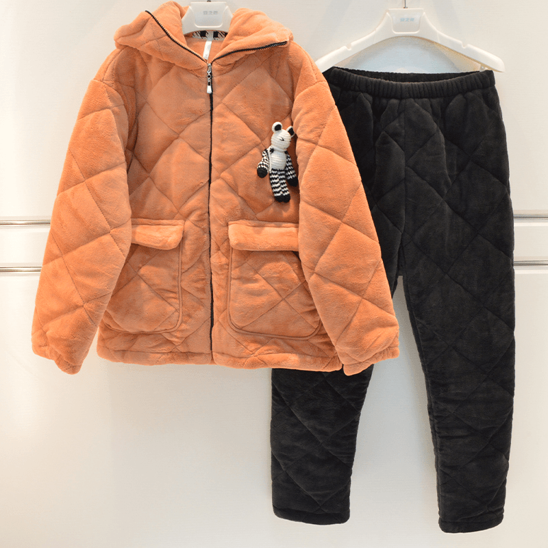 妮可雅睡衣冬季情侣玉狐绒素色三层加厚夹棉卡通带帽棉袄家居服