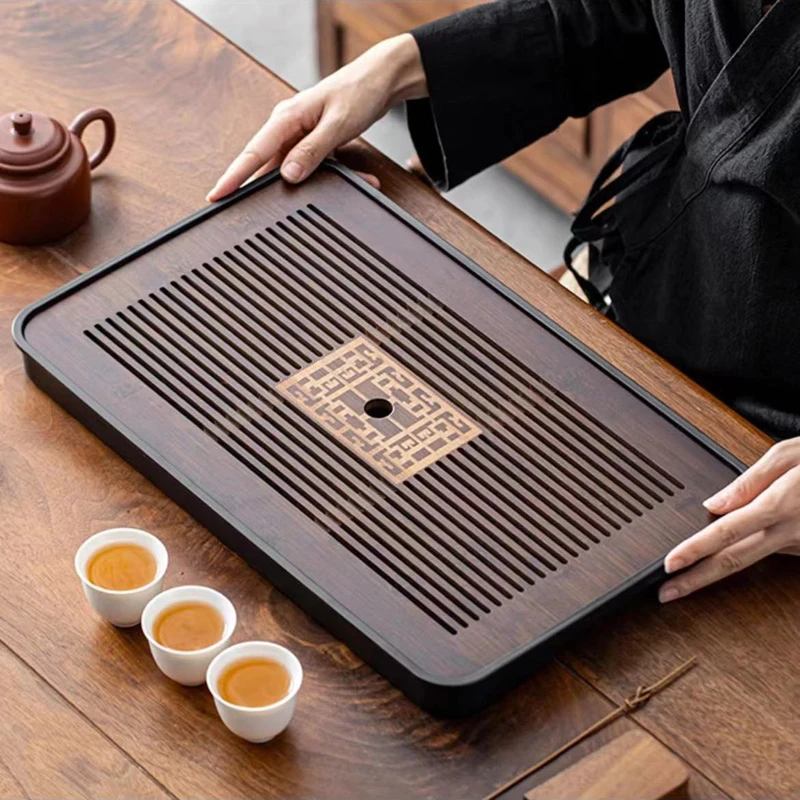 新一品37*24沥水干泡台茶盘长方形家用简约轻奢两用竹制茶托盘