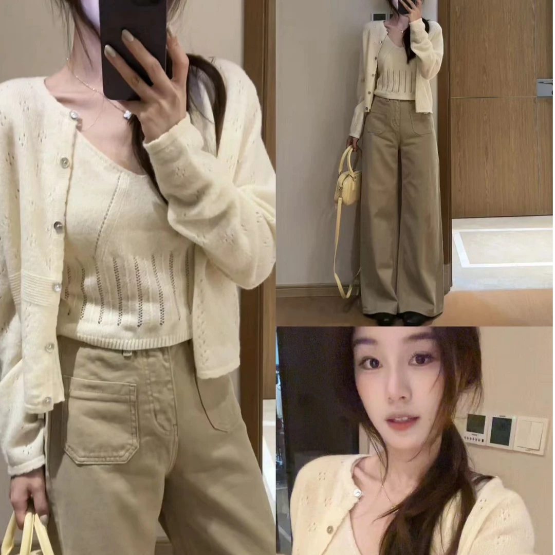 【白茶月光】202秋季新款气质长袖显瘦针织羊毛针织吊带开衫两件套