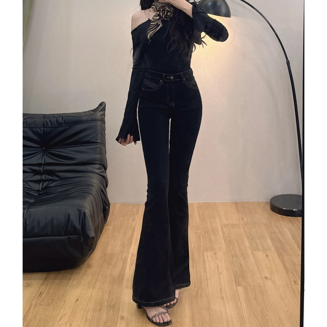 黑色牛仔裤高腰紧身喇叭裤女百搭高级显瘦A6821
