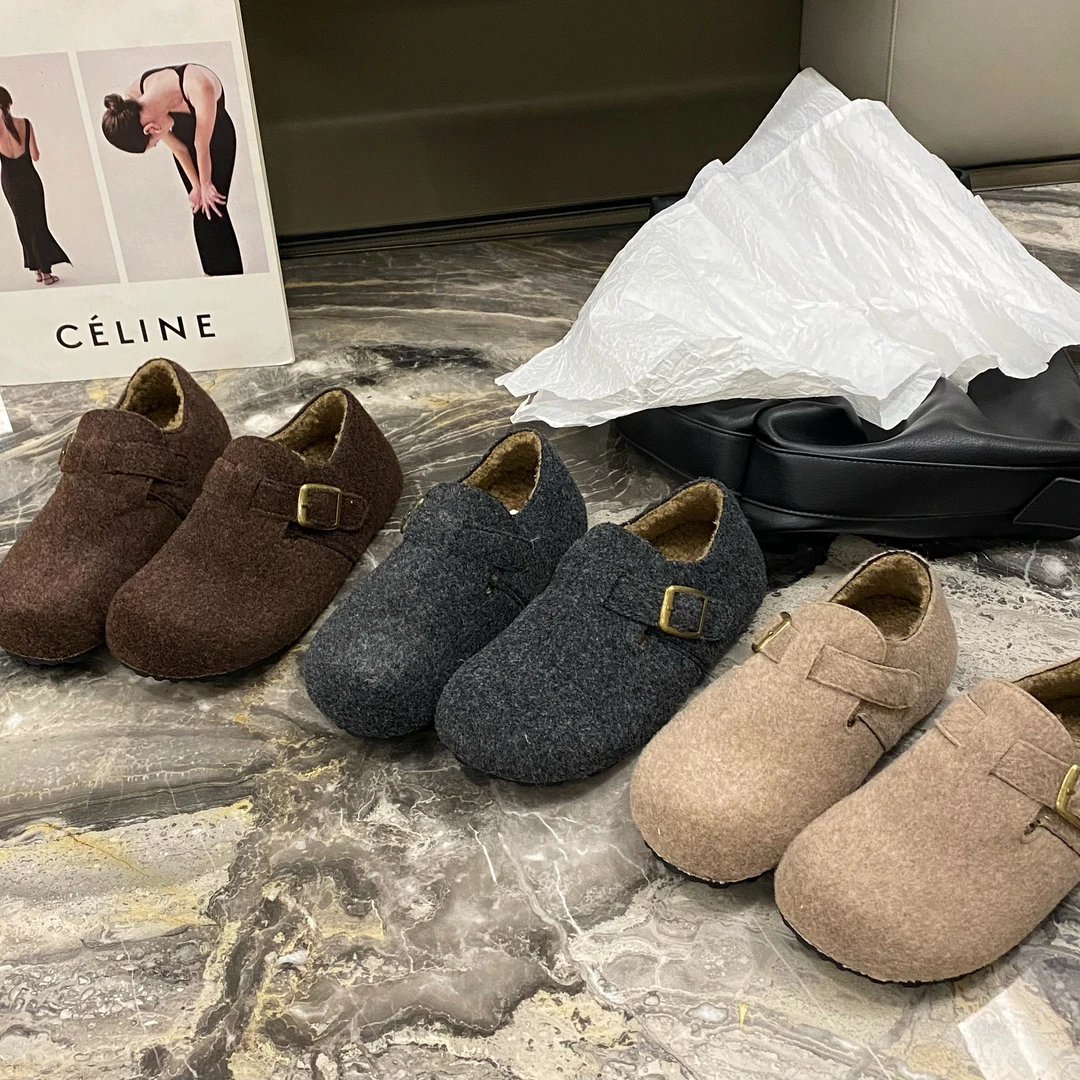 【猪猪家】灰色加绒乐福鞋女2024秋冬新款圆头毛呢勃肯鞋保暖棉鞋