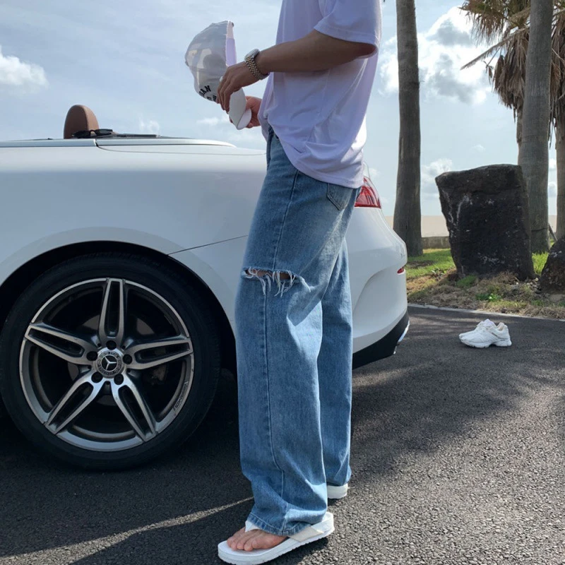 MRCYC痞帅小众破洞牛仔裤男夏季宽松长裤子韩版潮流设计感直筒裤