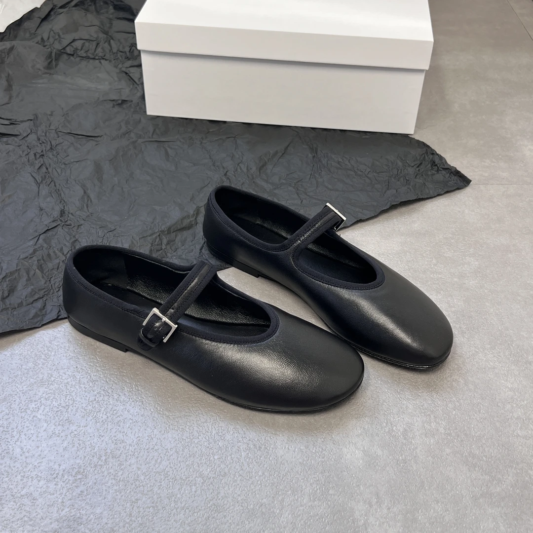 2024新款黑色羊皮软底单鞋圆头row风一字扣带舒适百搭浅口玛丽珍