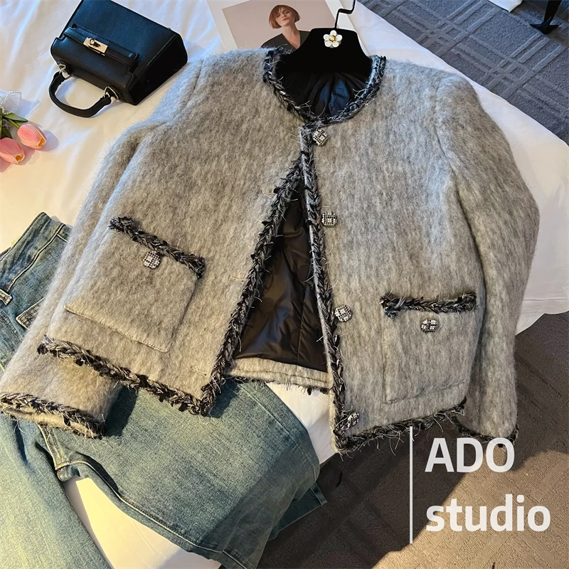 8513法式气质高级感灰色小香风外套女秋冬新款毛呢上衣