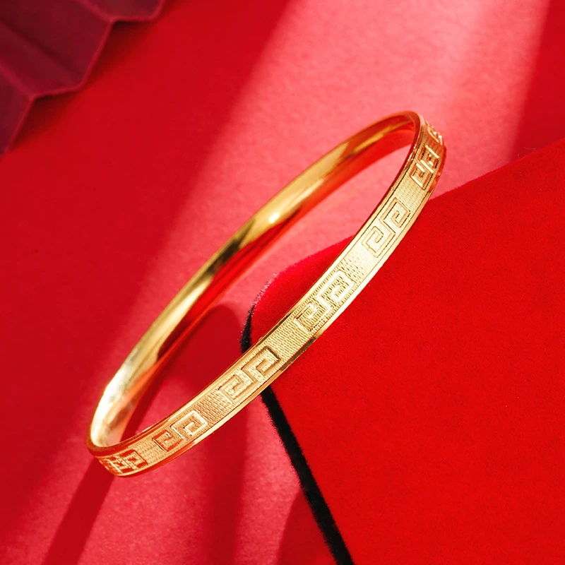 铜合金手镯 爆款回纹手镯内圈弧面实心闭口手环百搭长城纹镯子