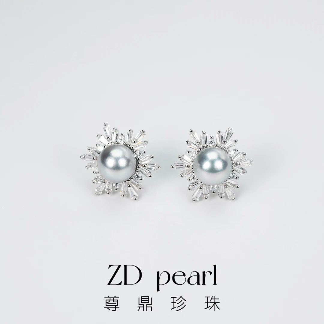 【佳文】尊鼎珍珠-S925银海水珍珠中国南珠真多麻色雪花耳钉8-9mm