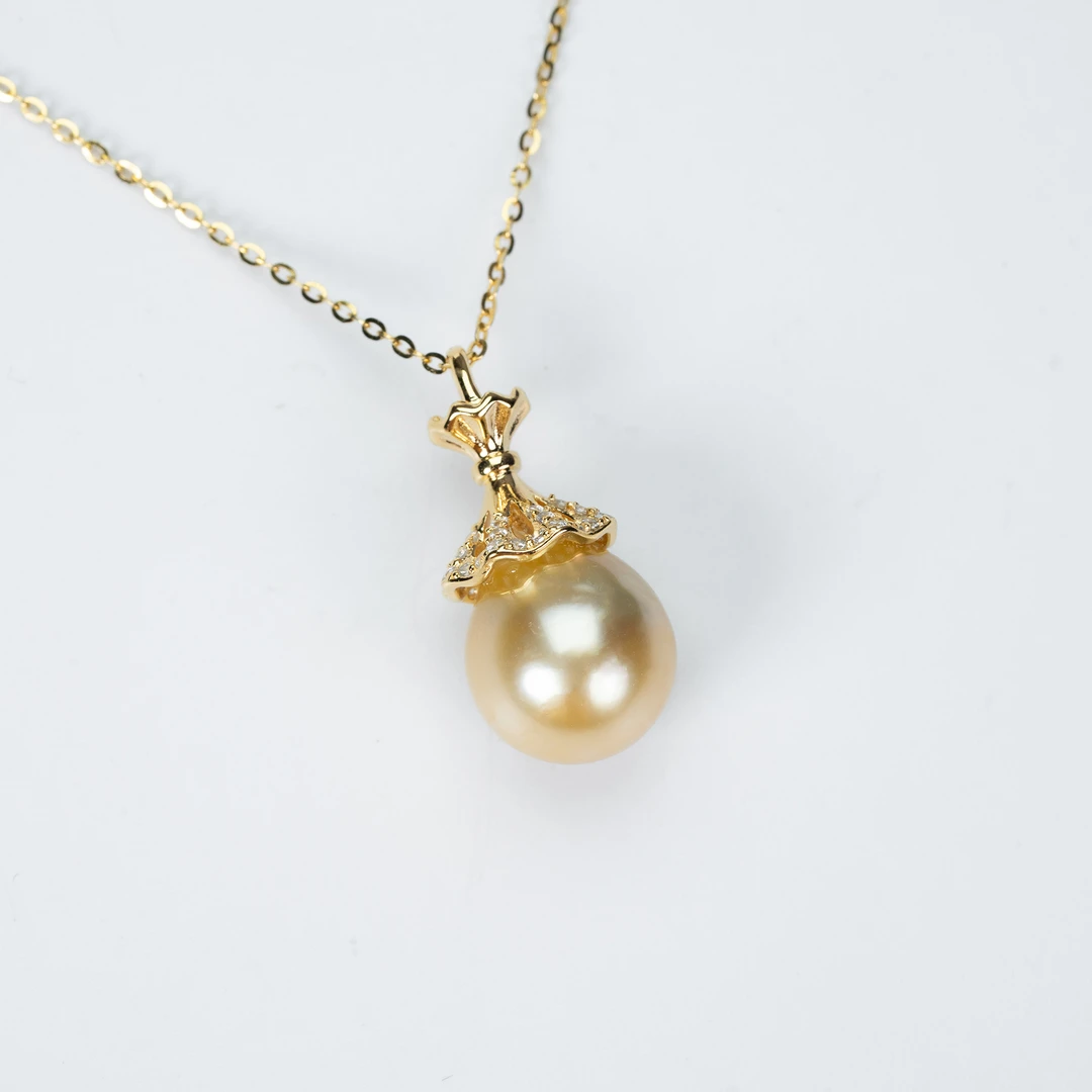 尊鼎珍珠-S925银镀金海水金珠水滴吊坠+珠径10-11mm-Nami孤品