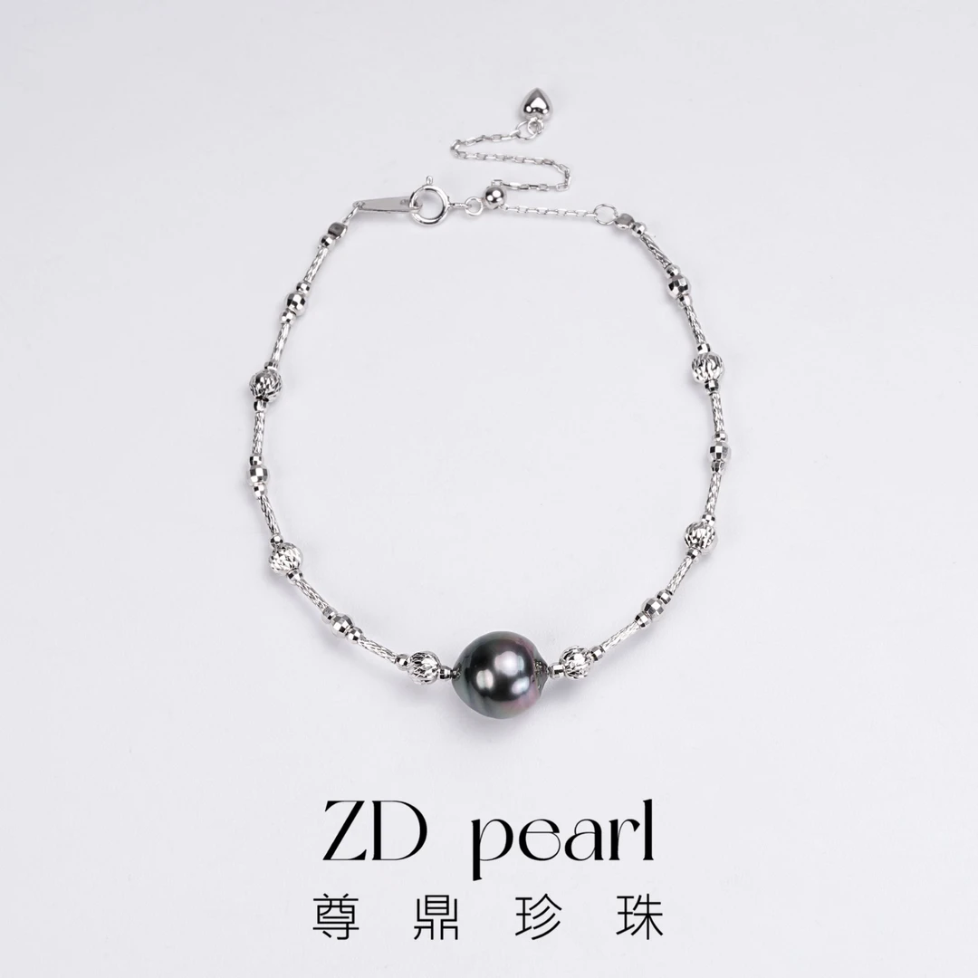 尊鼎珍珠-S925银海水黑珍珠螺纹珠手链9-10mm RS
