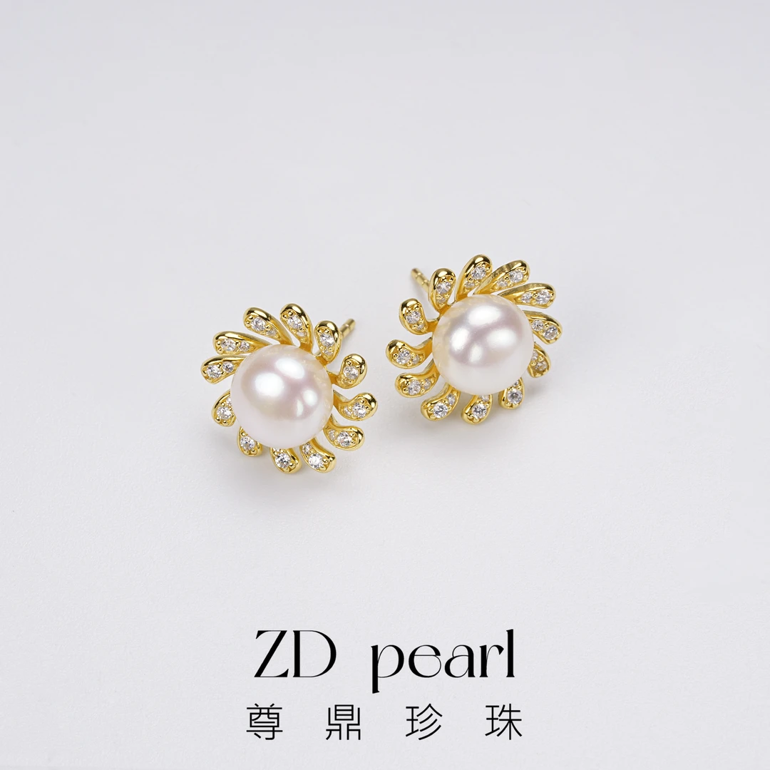 尊鼎珍珠-S925银镀金淡水珍珠太阳花耳钉8-9mm-Nami