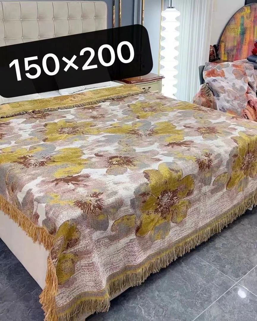 25年新款150*200【墨语】金棕色棉小恋田园风流苏多功能沙发巾