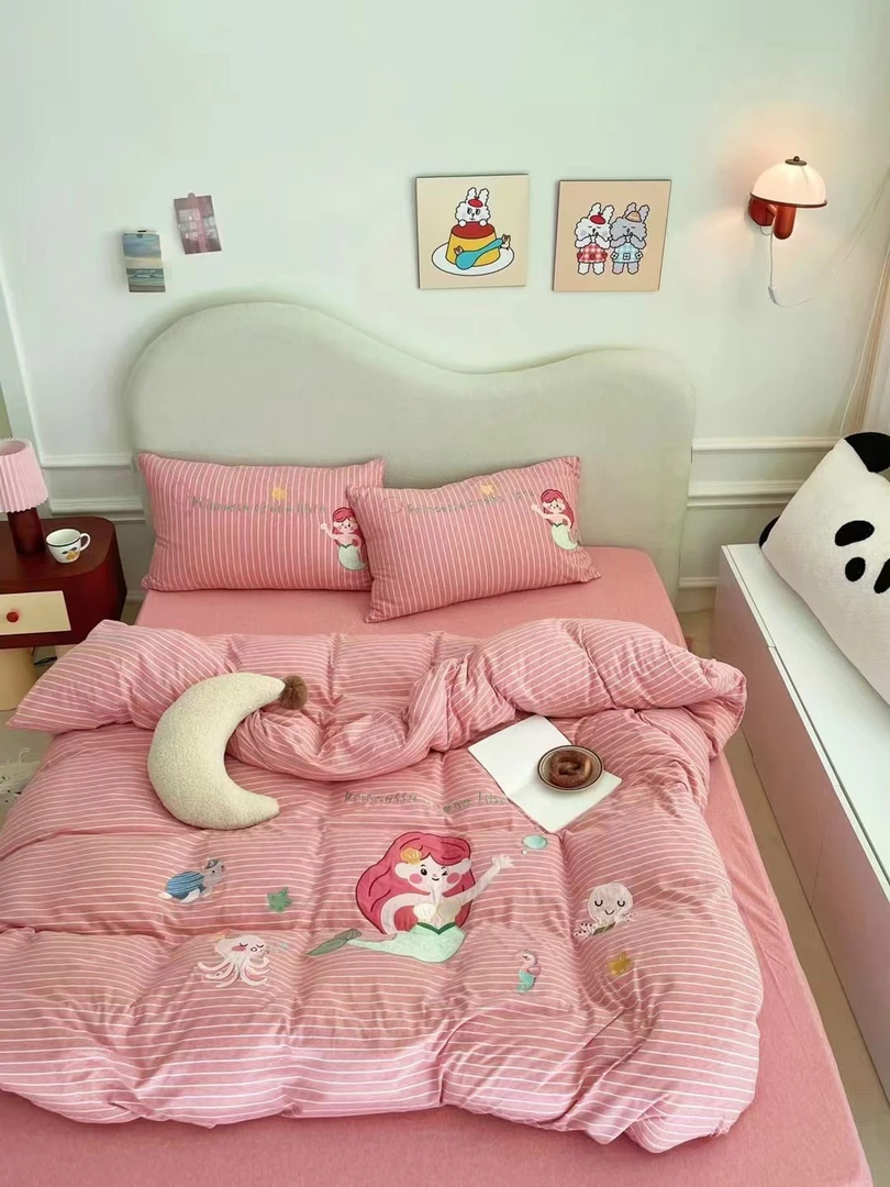 迪士尼米奇 条纹刺绣澳棉四件套 A类100%纯棉针织棉床单被套床笠