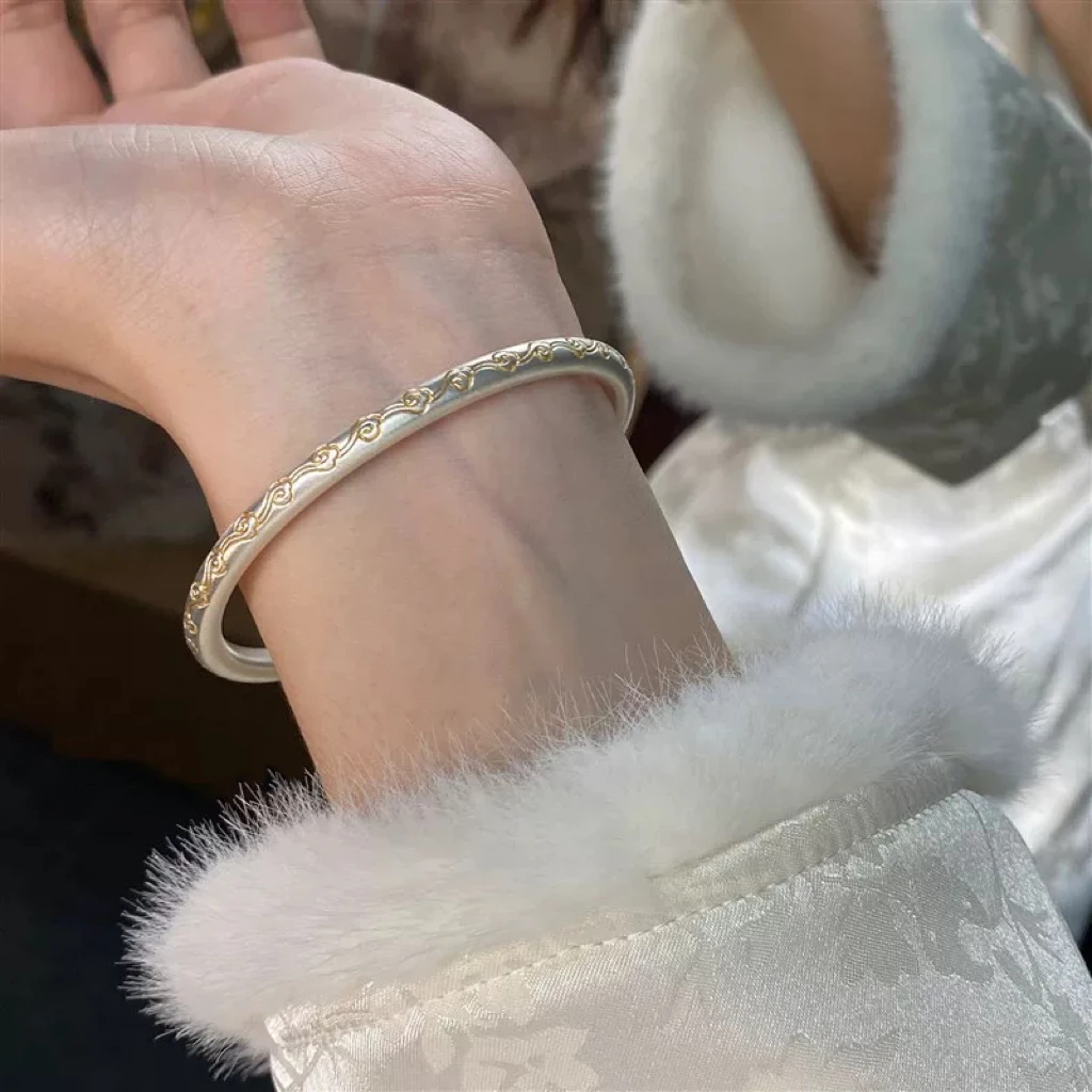 足银银制品 足银古法祥云描金新中式国风传承民族风开口手镯【A56