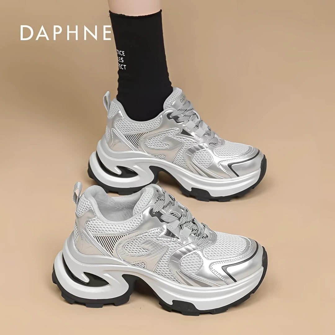 达芙妮老爹鞋女2026春季新款厚底百搭增高休闲银色跑步运动鞋秋夏