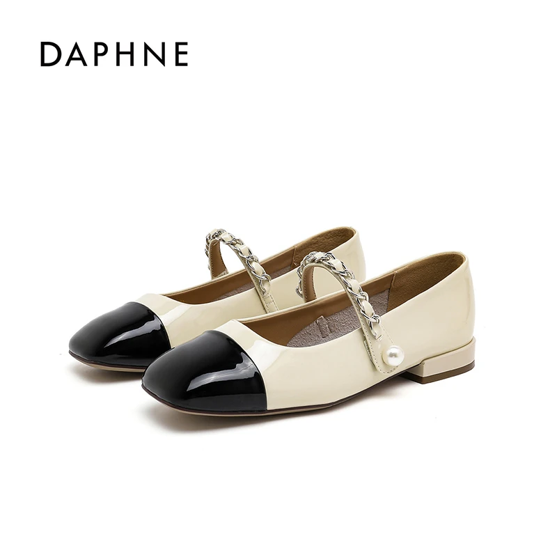 达芙妮玛丽珍女鞋2025秋季复古小皮鞋拼色法式粗跟平底浅口单鞋女