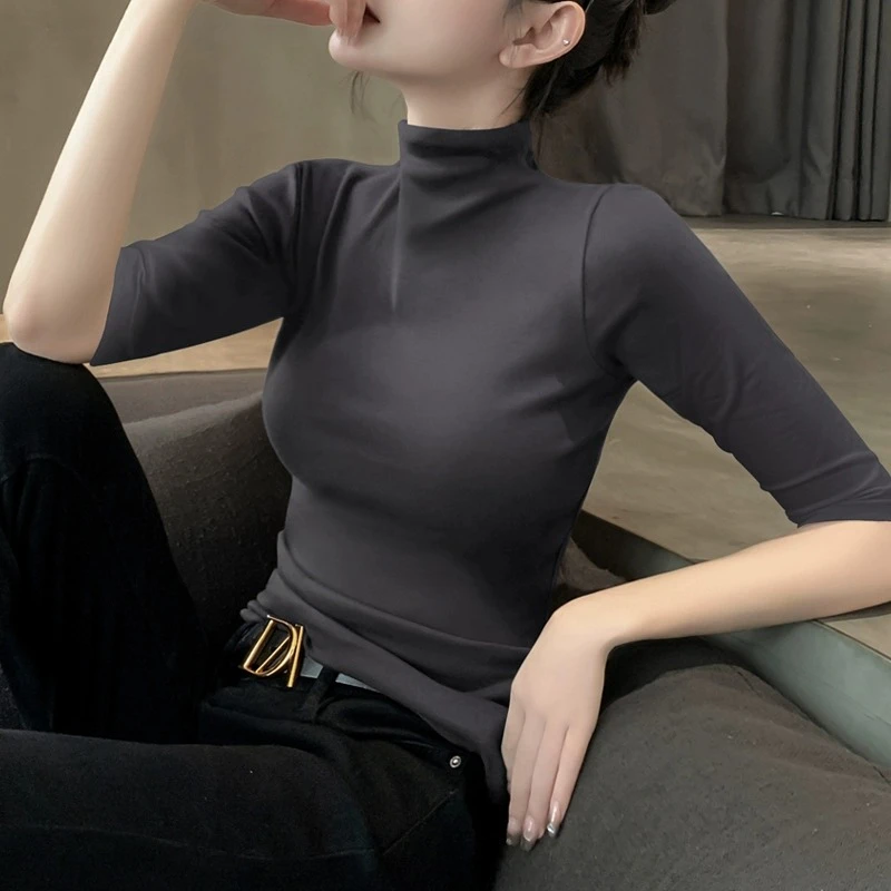 莫代尔半高领中袖打底衫女2024年春夏秋新款七分袖修身内搭紧身衣