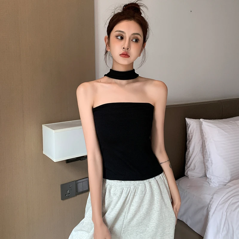 黑色挂脖吊带背心女针织内搭时尚洋气时髦遮肚小众设计感辣妹上衣