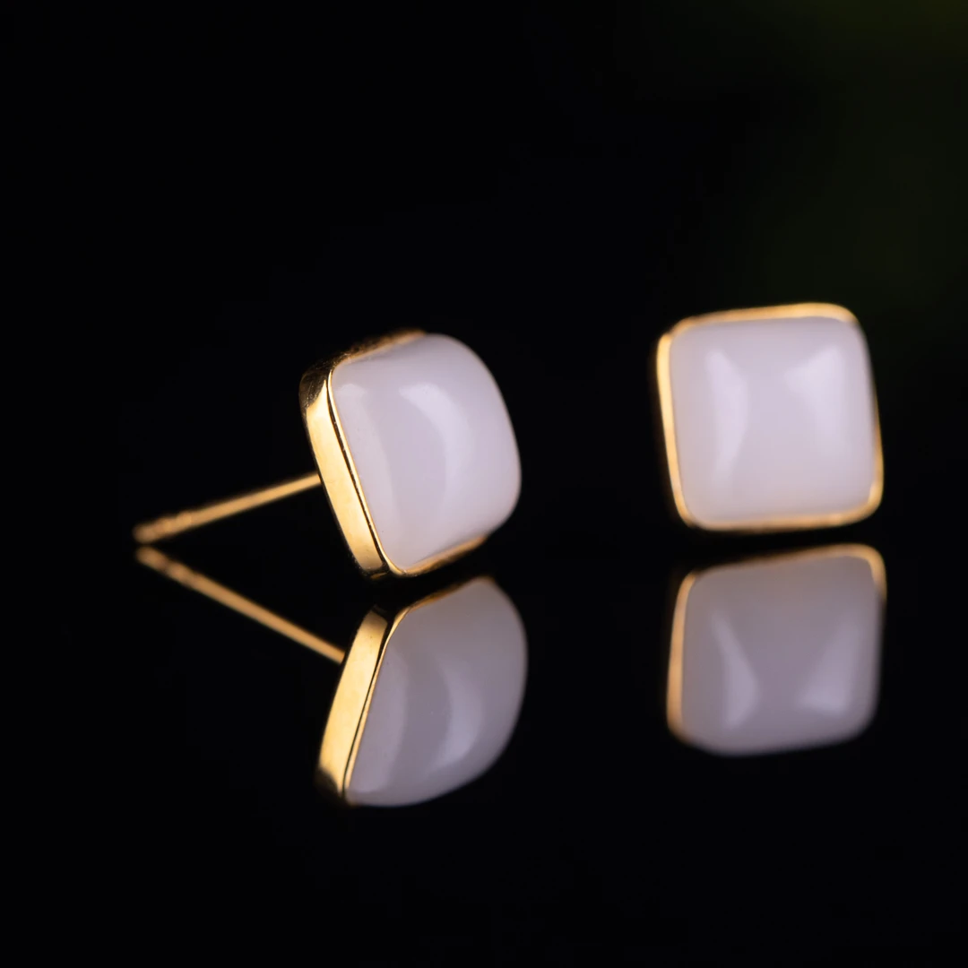 【18k金镶玉方糖耳坠】新疆和田玉一级白细温润纯净饱满圆润