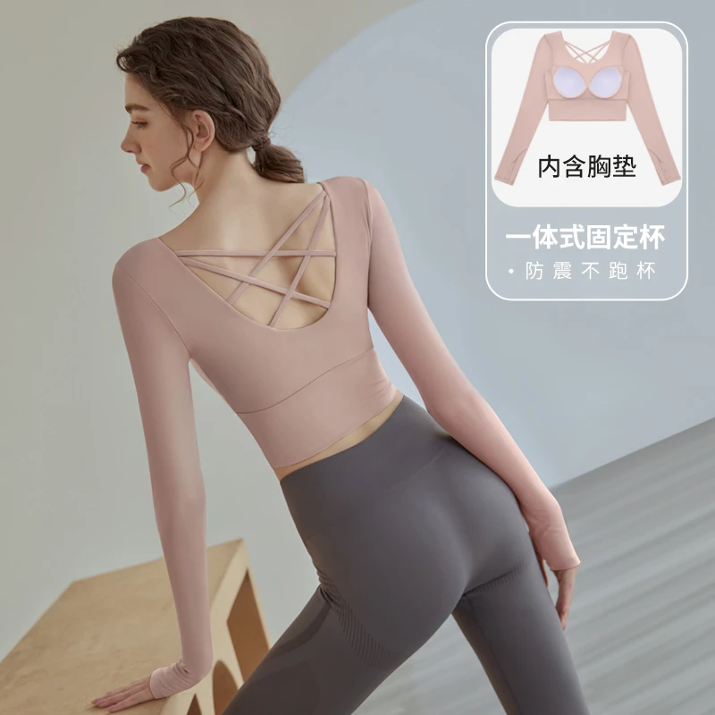 瑜伽长袖女瑜伽服春款健身衣带胸垫运动上衣t恤服跑步性感普拉