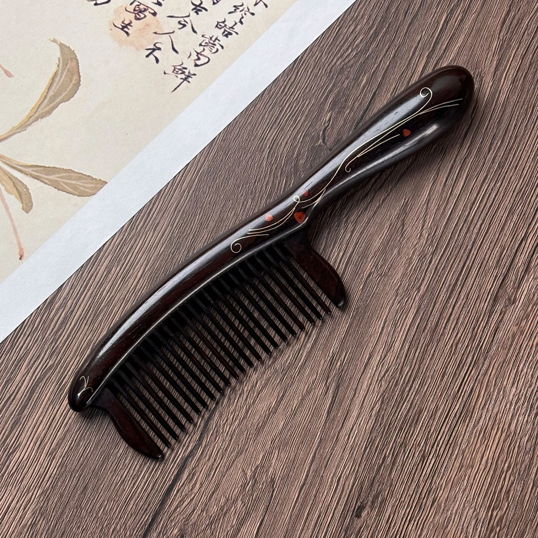 黑檀紫光檀插齿镶花木梳女士长发便携实木梳家用顺发